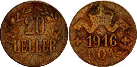 German East Africa 20 Heller 1916 T
KM# 15a, N# 37340; Obverse A, Reverse B; Brass; Wilhelm II; Tabora Emergency Coinage