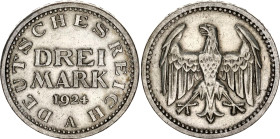 Germany - Weimar Republic 3 Mark 1924 A
KM# 43, AKS# 30, J. 312, N# 15886; Silver; Berlin Mint; AUNC