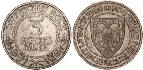 Germany - Weimar Republic 3 Reichsmark 1926 A
KM# 48, J. 323, N# 85909; Silver; 700 Years of Freedom for Lubeck; Berlin Mint; XF-AUNC