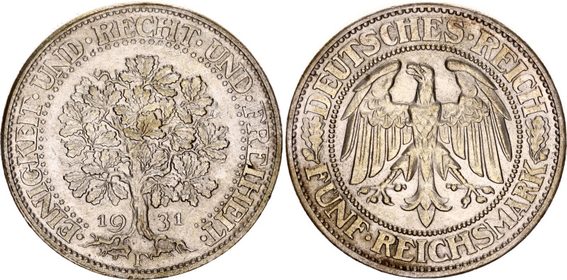 Germany - Weimar Republic 5 Reichsmark 1931 F
KM# 56, J. 331, N# 15888; Silver;...
