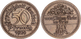 Germany - Weimar Republic Westphalia Lembeck 50 Pfennig 1920 Notgeld
Funck# 286.3, Men18# 18717.3, N# 141671; Mintage 42000 pcs.; UNC