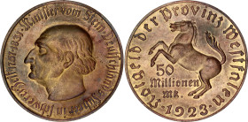 Germany - Weimar Republic Westphalia 50000000 Mark 1923 Notgeld
Funck# 645.12a, J. N23a, N# 20935; Gold plated tombac; Freiherr vom Stein; Heinrich K...