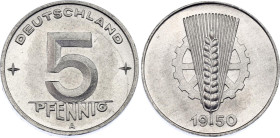 Germany - DDR 5 Pfennig 1950 A Key Date
KM# 2, Schön# 2, N# 3022; Aluminium; Berlin Mint; UNC