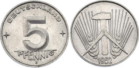 Germany - DDR 5 Pfennig 1952 E Key Date
KM# 6, Schön# 6, N# 3419; Aluminium; Muldenhütten Mint; UNC