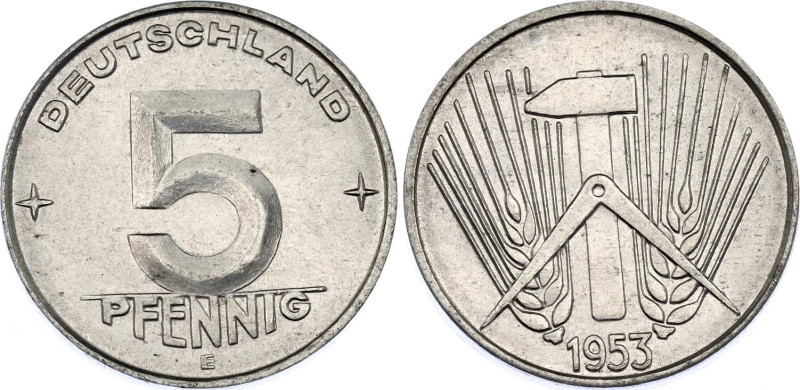 Germany - DDR 5 Pfennig 1953 E Key Date
KM# 6, Schön# 6, N# 3419; Aluminium; Mu...