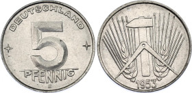 Germany - DDR 5 Pfennig 1953 E Key Date
KM# 6, Schön# 6, N# 3419; Aluminium; Muldenhütten Mint; UNC