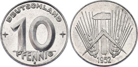 Germany - DDR 10 Pfennig 1952 E Key Date
KM# 7, Schön# 7, N# 3421; Aluminium; Muldenhütten Mint; UNC