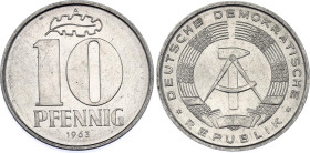 Germany - DDR 10 Pfennig 1963 A Key Date
KM# 10, Schön# 10, J. 1510, N# 1925; Aluminium; Berlin Mint; UNC