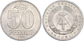 Germany - DDR 50 Pfennig 1980 A Key Date
KM# 12.2, Schön# 12, N# 2032; Aluminium; Berlin Mint; Mintage 1118000; UNC