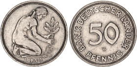 Germany - FRG 50 Pfennig 1950 G Rare
KM# 104, J. 379, Schön# 102, N# 10073; Copper-nickel; Karlsruhe Mint; Mintage 30000; XF