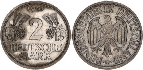 Germany - FRG 2 Deutsche Mark 1951 G
KM# 111, J. 386, Schön# 109, N# 10073; Copper-nickel; Karlsruhe Mint; UNC Toned