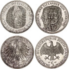 Germany - FRG 2 x 5 Deutsche Mark 1966 - 1967 D & F
KM# 119, 120; Silver; Wilhelm Leibniz, Wilhelm & Alexander von Humboldt; UNC