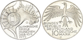 Germany - FRG 10 Deutsche Mark 1972 J
KM# 133, J. 404, Schön# 133, N# 2970; Silver., Proof; 1972 Olympic Games in Munich; Hamburg Mint