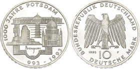 Germany - FRG 10 Deutsche Mark 1993 F
KM# 180, J. 455, Schön# 179, N# 7801; Silver; 1000 Years Potsdam; Stuttgart Mint; UNC