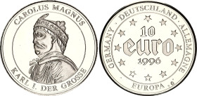 Germany - FRG 10 Euro 1996 G
N# 76903; Brass plated copper-nickel; Charlemagne - Carolus Magnus; Bayerisches Münzkontor, Aschaffenburg Mint; UNC Proo...