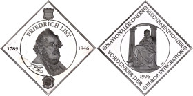 Germany - FRG Silver Medal "Friedrich List - Pioneer of Railways" 1996
Silver (0.999) 2 Oz.,45 mm. Proof; Numbered Medal - 040 of 300 Pcs; With origi...