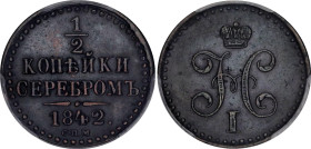 Russia 1/2 Kopeks 1842 СПМ PCGS XF
Bit# 836; Copper; PCGS XF Det. env. damage