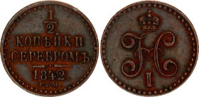 Russia 1/2 Kopek 1842 СПМ
Bit# 836; Copper 5.26 g.; XF
