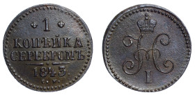 Russia 1 Kopek 1843 CM
Bit# 763; Copper 10.59 g.; XF