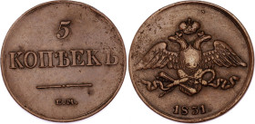 Russia 5 Kopeks 1831 ЕМ
Bit# 481; Copper 24.12 g.; XF-
