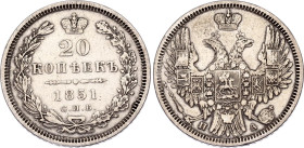 Russia 20 Kopeks 1851 СПБ ПА
Bit# 340; Silver 4.00 g.; XF