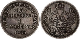 Russia - Poland 15 Kopek - 1 Zloty 1835 MW
Bit.# 1165, N# 23768; Silver 3.01 g.; Nicholas I; Warszawa mint; XF