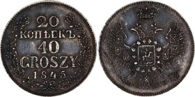 Russia - Poland 20 Kopeks - 40 Groszy 1845 MW R Collectors Copy
Bit# 1259 R, Conros# 480/4; Silver 4.17 g.; UNC Toned