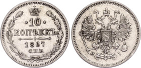 Russia 10 Kopeks 1867 СПБ HI
Bit# 251; Silver 1.82 g.; XF+