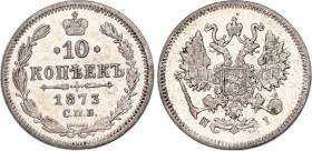 Russia 10 Kopeks 1873 СПБ HI
Bit# 257; Silver 1.65 g.; XF-