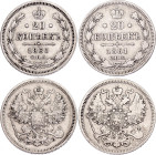 Russia 2 x 20 Kopeks 1860 - 1861
Bit# 171, 288; Silver; VF+