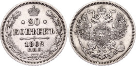 Russia 20 Kopeks 1862 СПБ МИ
Bit# 175; Silver 4.07 g.; AUNC with hairlines