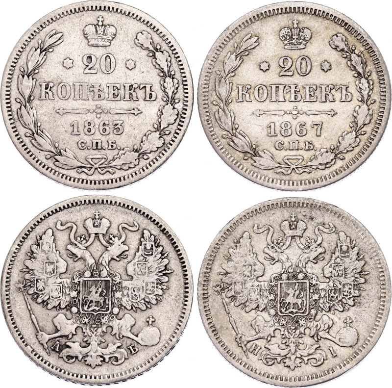 Russia 2 x 20 Kopeks 1863 - 1867
Bit# 176, 214; Silver; VF/XF