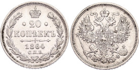 Russia 20 Kopeks 1864 СПБ НФ
Bit# 177; Silver 3.96 g.; XF