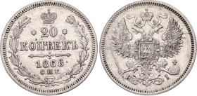 Russia 20 Kopeks 1868 СПБ HI
Bit# 216; Silver 3.60 g.; XF