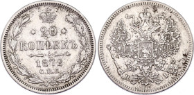 Russia 20 Kopeks 1872 СПБ HI
Bit# 222; Eagle of 1874-1881; Silver 3.44 g.; XF