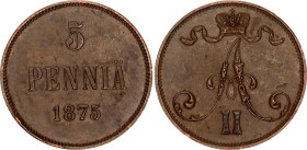 Russia - Finland 5 Pennia 1875
Bit# 663, Conros# 488/7; Copper 6.43 g.; UNC