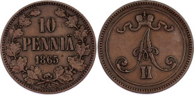 Russia - Finland 10 Pennia 1865
Bit# 651; Copper 12.47 g.; XF