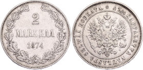 Russia - Finland 2 Markkaa 1874 S
Bit# 623; Silver 10.20 g.; VF+