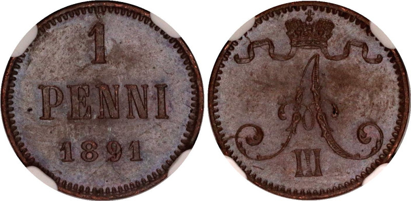 Russia - Finland 1 Penni 1891 NGC MS 63 BN
Bit# 254, Conros# 489/18; Copper; UN...