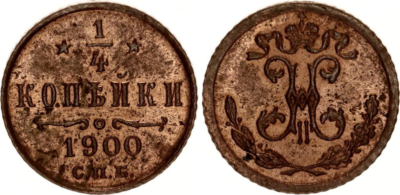 Russia 1/4 Kopek 1900 СПБ
Bit# 311, N# 16982; Copper 0.75 g.; Nicholas II; UNC...