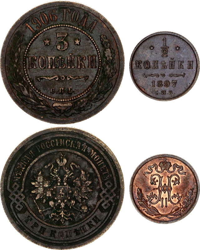 Russia 1/2 Kopek & 3 Kopeks 1897 - 1906 СПБ
Bit# 219, 293; Copper