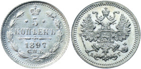 Russia 5 Kopeks 1897 СПБ АГ
Bit# 171; Conros# 170/60; Silver 0.92 g.; UNC Luster