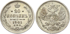 Russia 20 Kopeks 1901 СПБ ФЗ
Bit# 100; Silver 3.73g; aUNC
