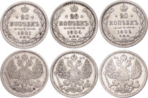 Russia 3 x 20 Kopeks 1901 - 1905
Silver; VF/XF