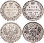 Russia 2 x 20 Kopeks 1908 - 1909
Bit# 108, 109; Silver; XF