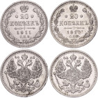 Russia 2 x 20 Kopeks 1910 - 1911
Bit# 110, 111; Silver; XF+