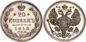 Russia 20 Kopeks 1913 СПБ
Bit# 115; Silver 3.61 g.; UNC with outstanding patina!