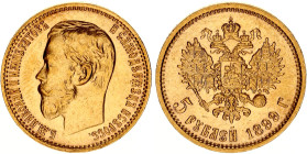 Russia 5 Roubles 1899 ФЗ
Bit# 24; Gold (.900) 4.30 g., UNC.