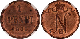 Russia - Finland 1 Penni 1905 NGC MS 63 RB
Bit# 466, Conros# 489/30; Copper; UNC