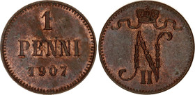 Russia - Finland 1 Penni 1907
Bit# 468, Conros# 489/32; Copper 1.26 g.; AUNC Toned